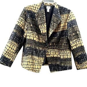 Chicos Blazer Jacket Womens 3 Large Black Gold Metallic Snake Artsy Classic